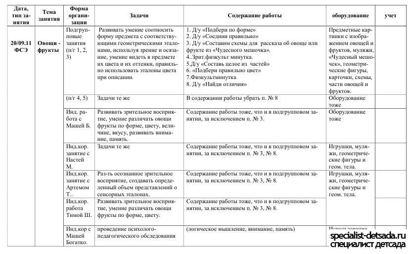 План занятий дефектолога с детьми с зпр