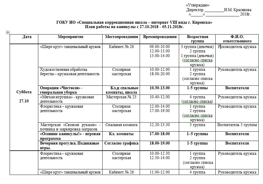 Рабочие планы воспитателя школы интерната