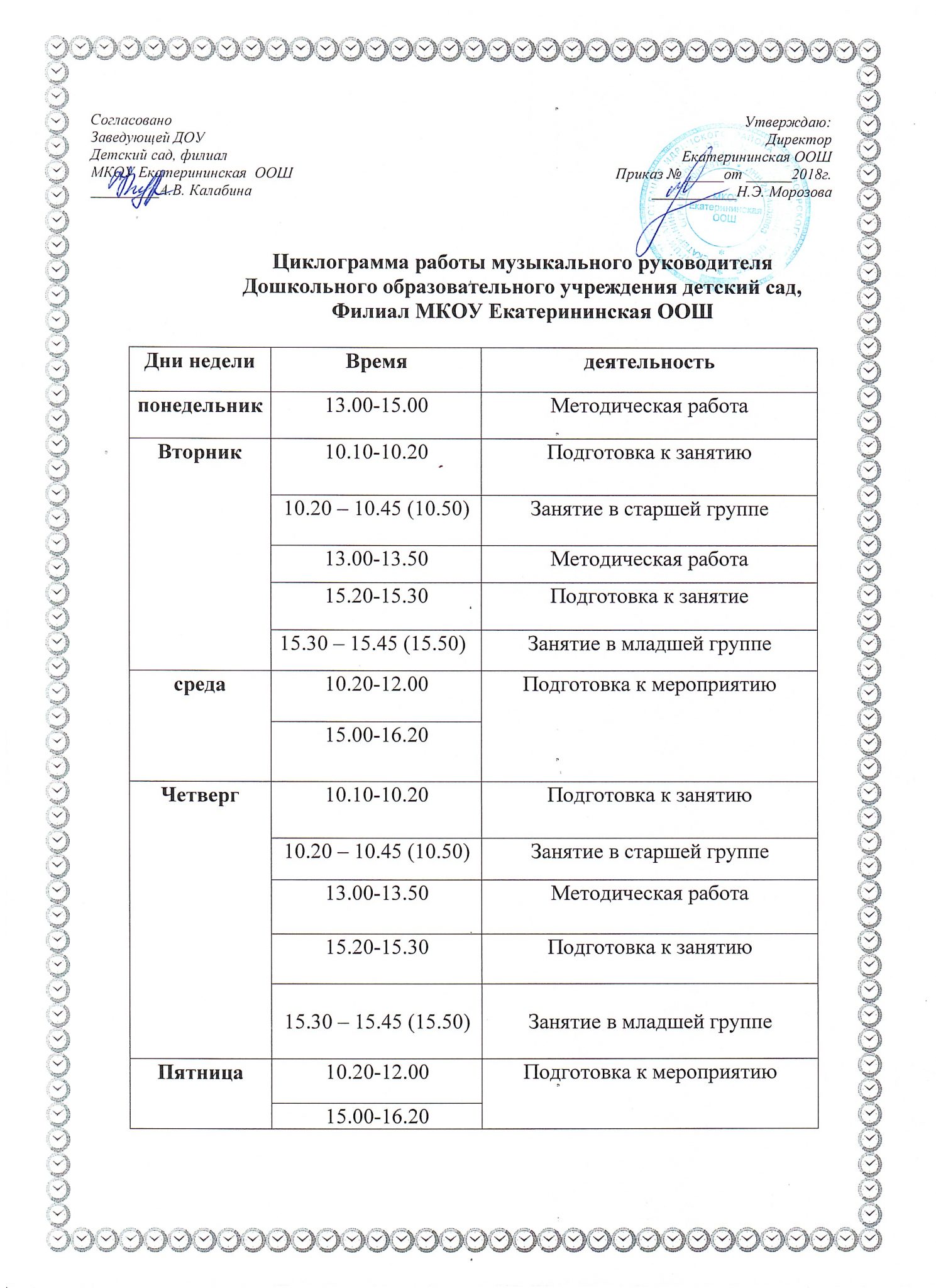 Расписание музыкального руководителя в детском саду