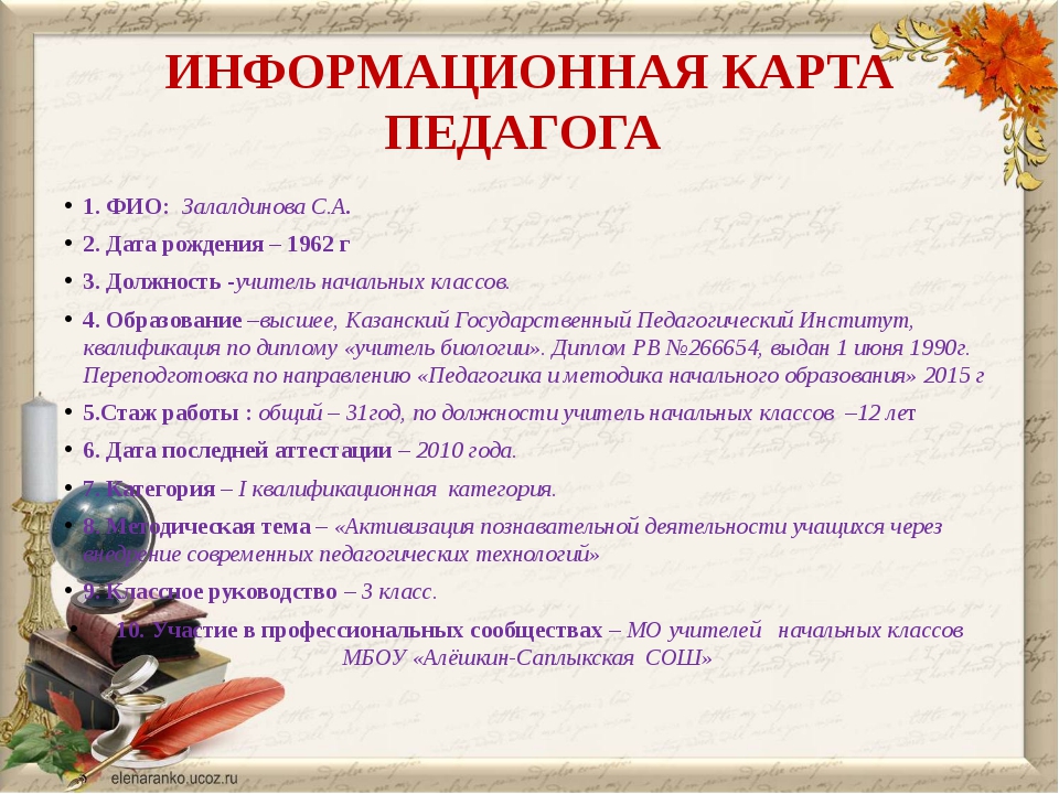 Информационная карта учителя русского языка и литературы на 1 категорию